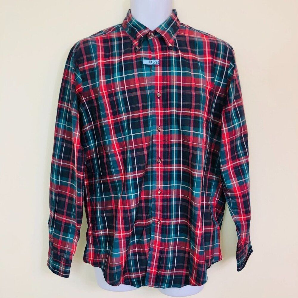 Vintage Kenneth Gordon Mens M Shirt Green Red Blue Plaid Long Sleeve Button Up